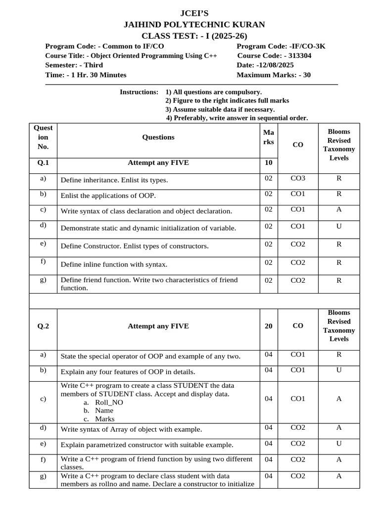 Object Oriented Programming Test 2025-26 | PDF | Object Oriented ...