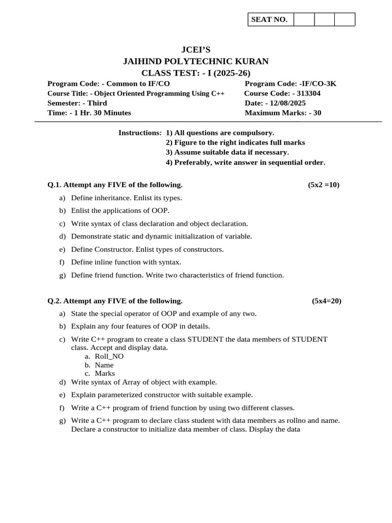 Object Oriented Programming Test 2025-26 | PDF