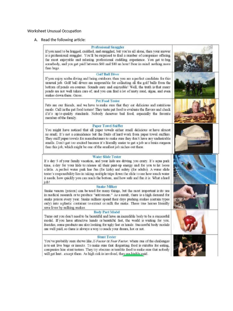 Unusual Occupations Worksheet | PDF