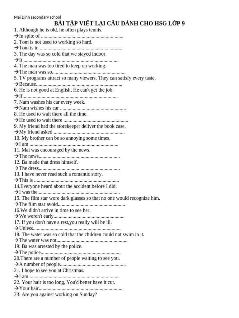 Rewrite Exercises for 9th Grade HSG | PDF