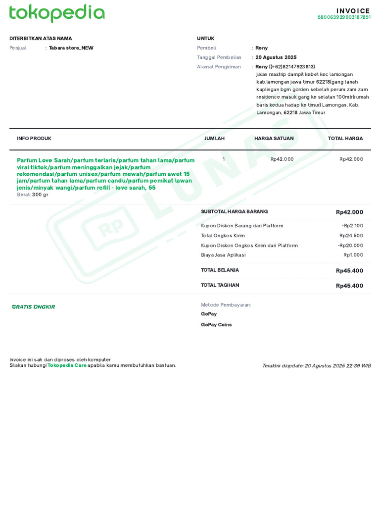 Invoice Pembelian Parfum Love Sarah | PDF