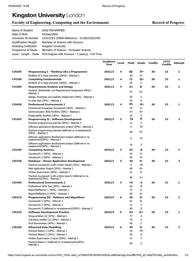 Kingston University Computer Science Progress | PDF | Computer ...