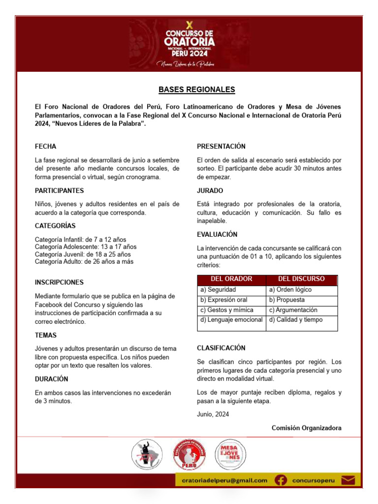 Bases Regionales Concurso de Oratoria 2024 | PDF