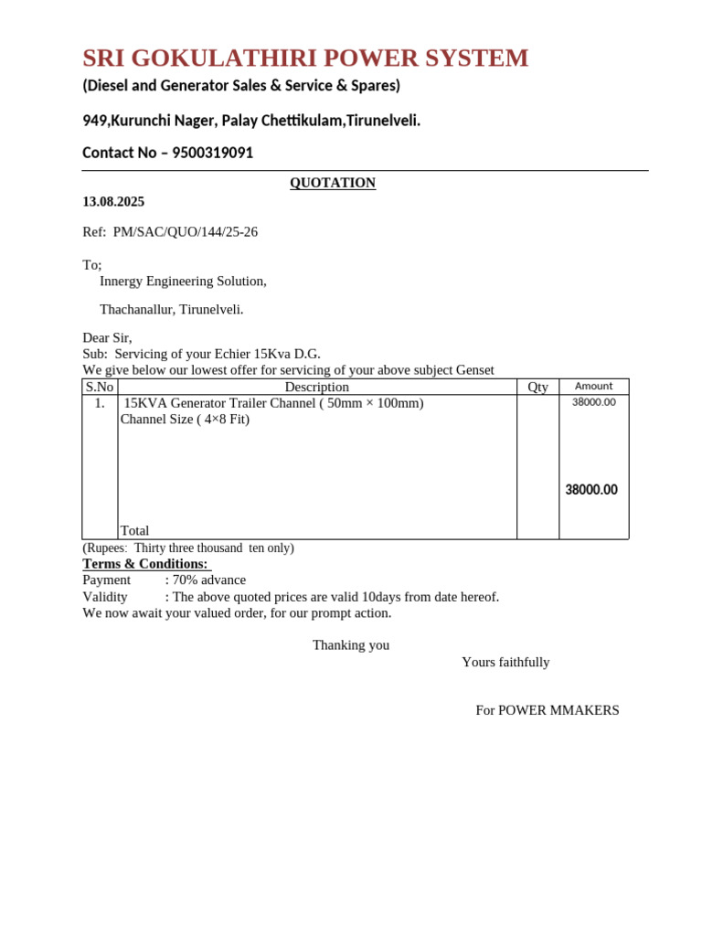 15KVA Generator Service Quotation | PDF