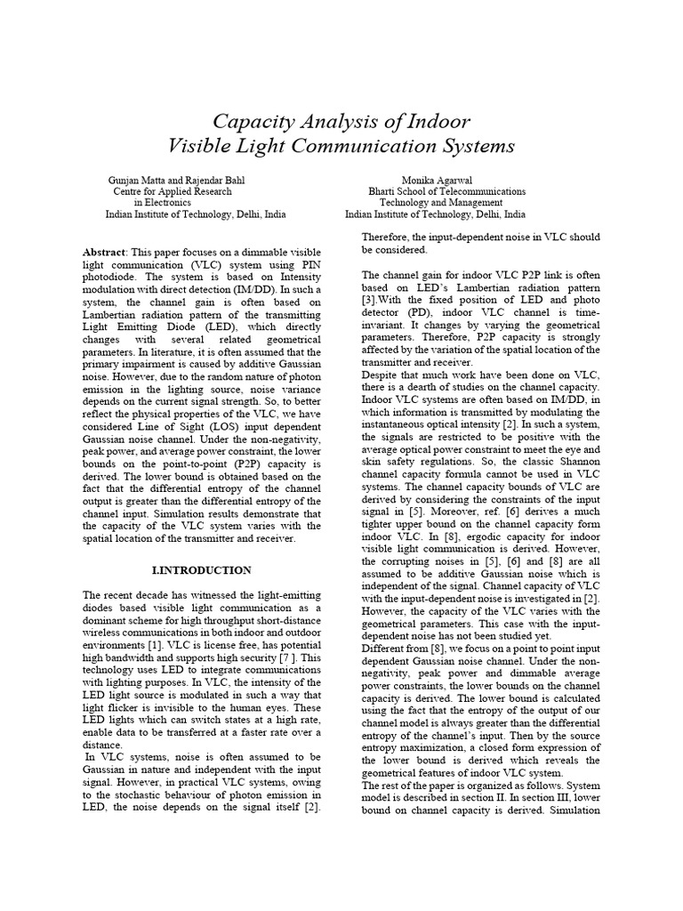 Capacity Analysis of Indoor Visible Light Communication Systems | PDF ...