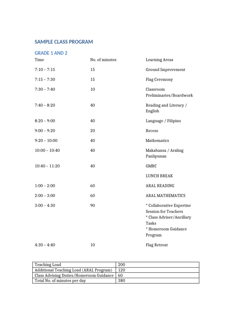 Sample Class Program for Grades 1-2 | PDF