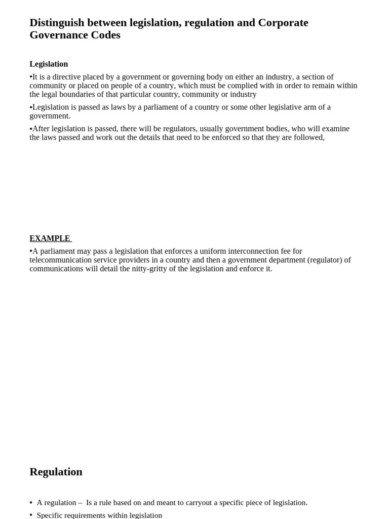 Legislation vs. Regulation vs. Governance Codes | PDF | Corporate ...