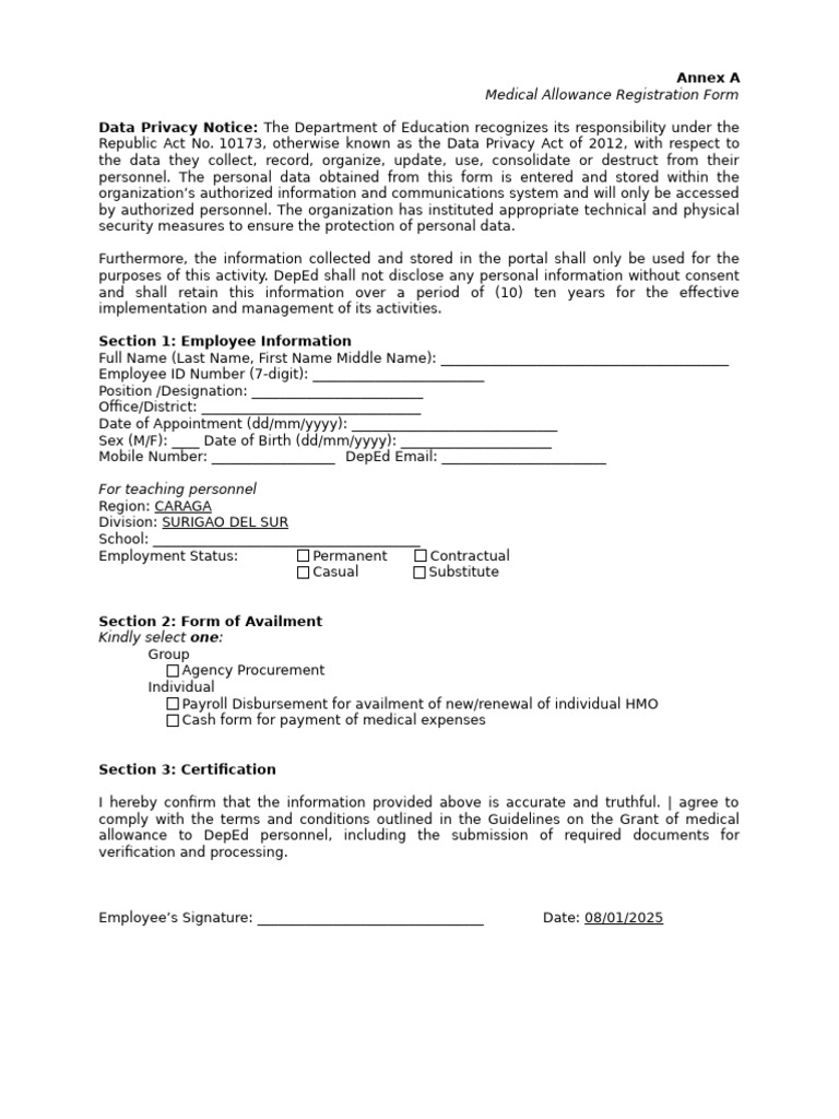 Medical Allowance Registration Form | PDF