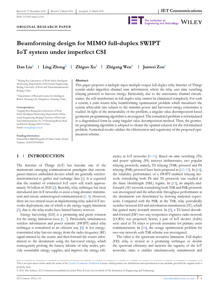 MIMO Full-Duplex SWIPT IoT Beamforming | PDF | Mimo | Internet Of Things