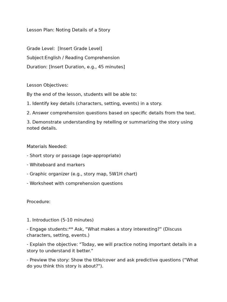 Story Detail Notation Lesson Plan | PDF | Reading Comprehension ...