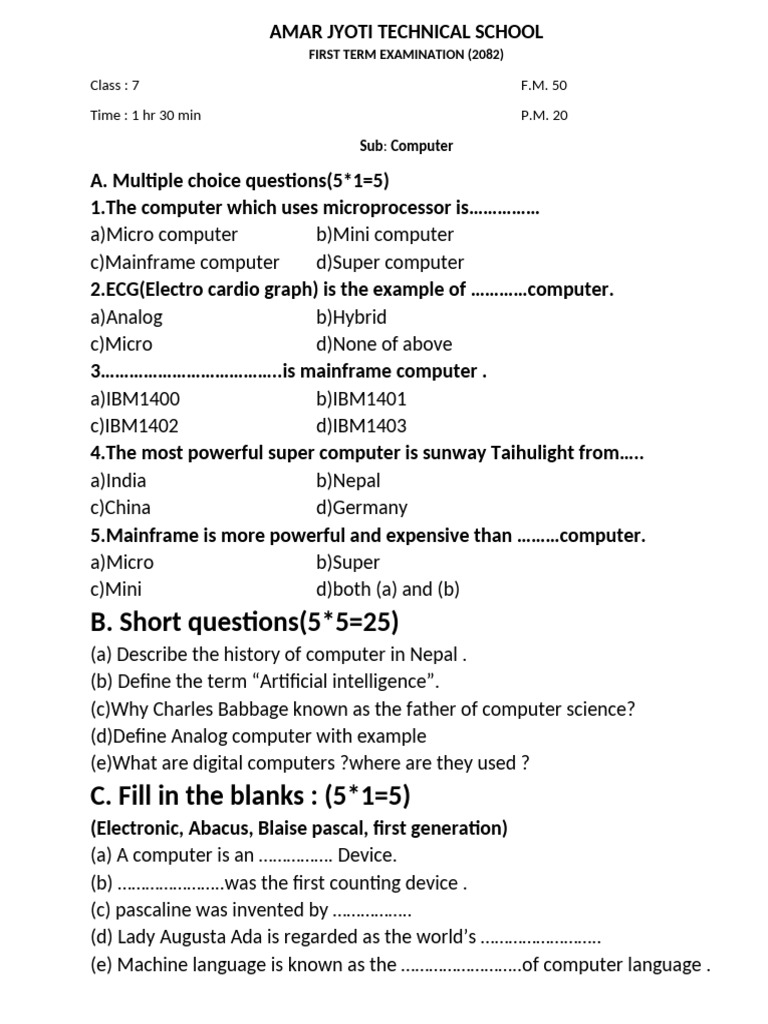 Class 7 Computer 1st Term 2082 | PDF | Information And Communications ...