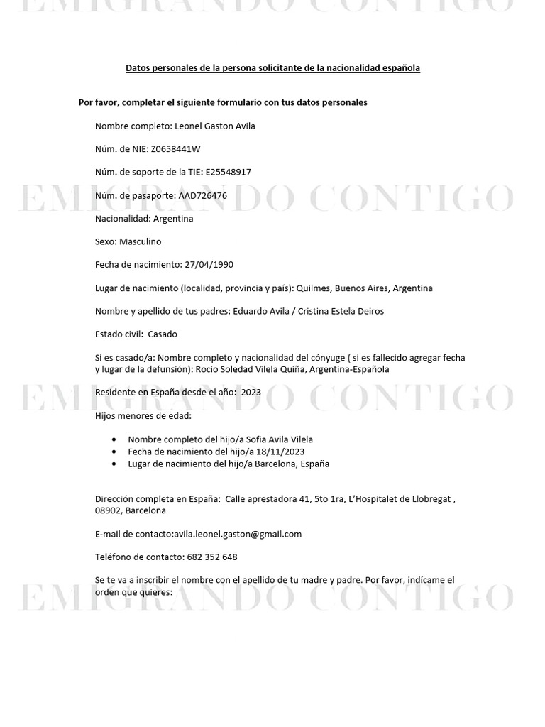 Planilla Datos Del Solicitante Nacionalidad Española | PDF