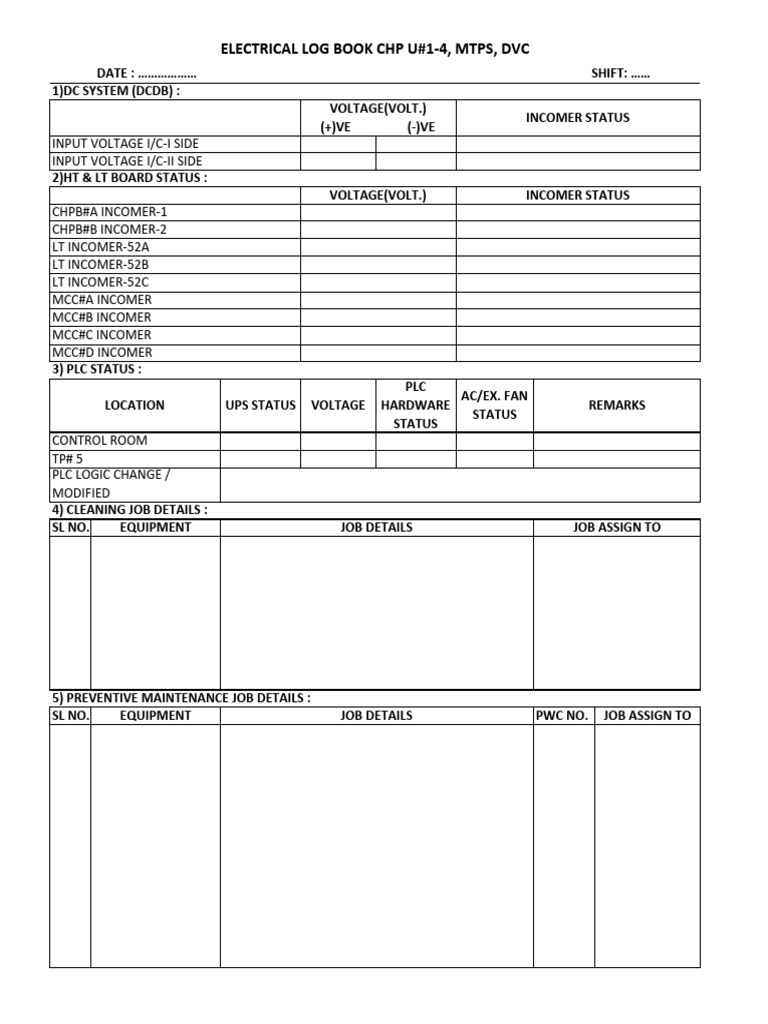 Electrical Log Book Format for CHP U#1-4 | PDF