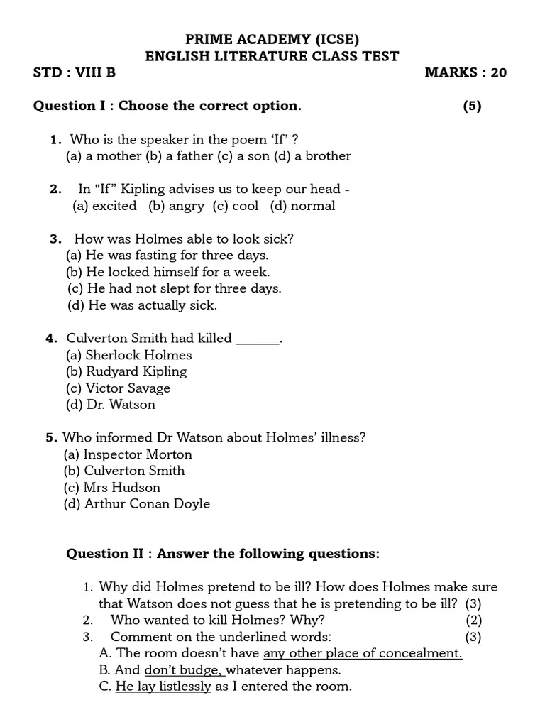 8 B English Literature Class Test 2 | PDF