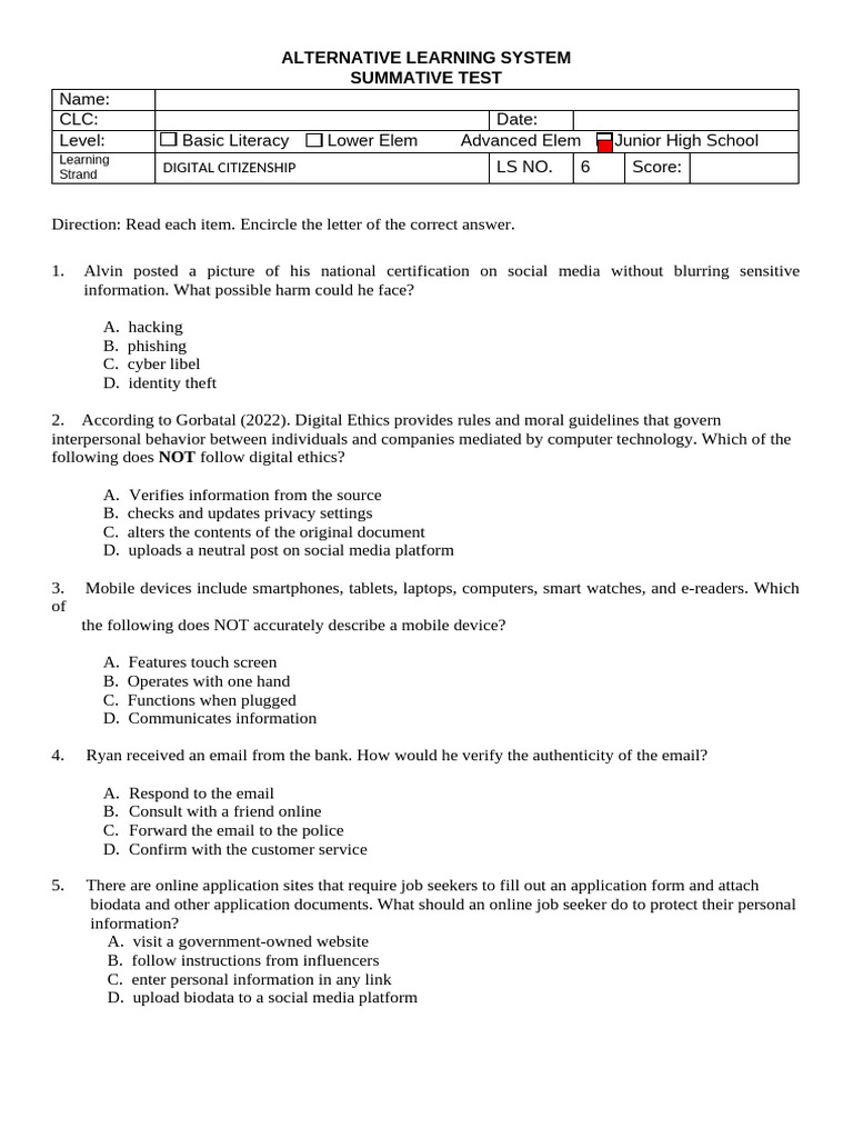 Ls6 Summative Test Jhs | PDF