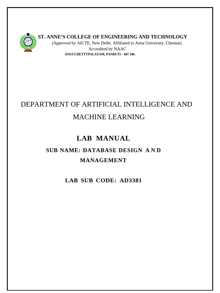 Database Design and Management Lab Manual | PDF | Databases | Sql