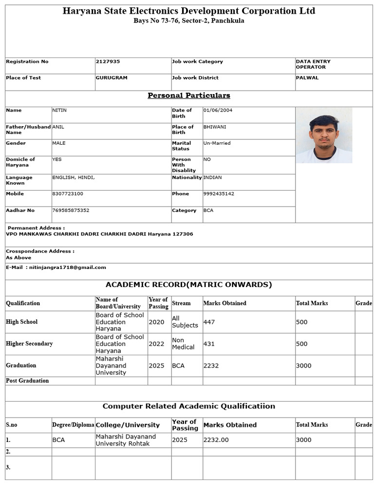 Hartron Palwal Data Entry Operator Application | PDF | Computing