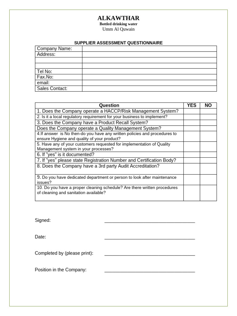 Supplier Assessment Questionnaire | PDF | Drinking Water