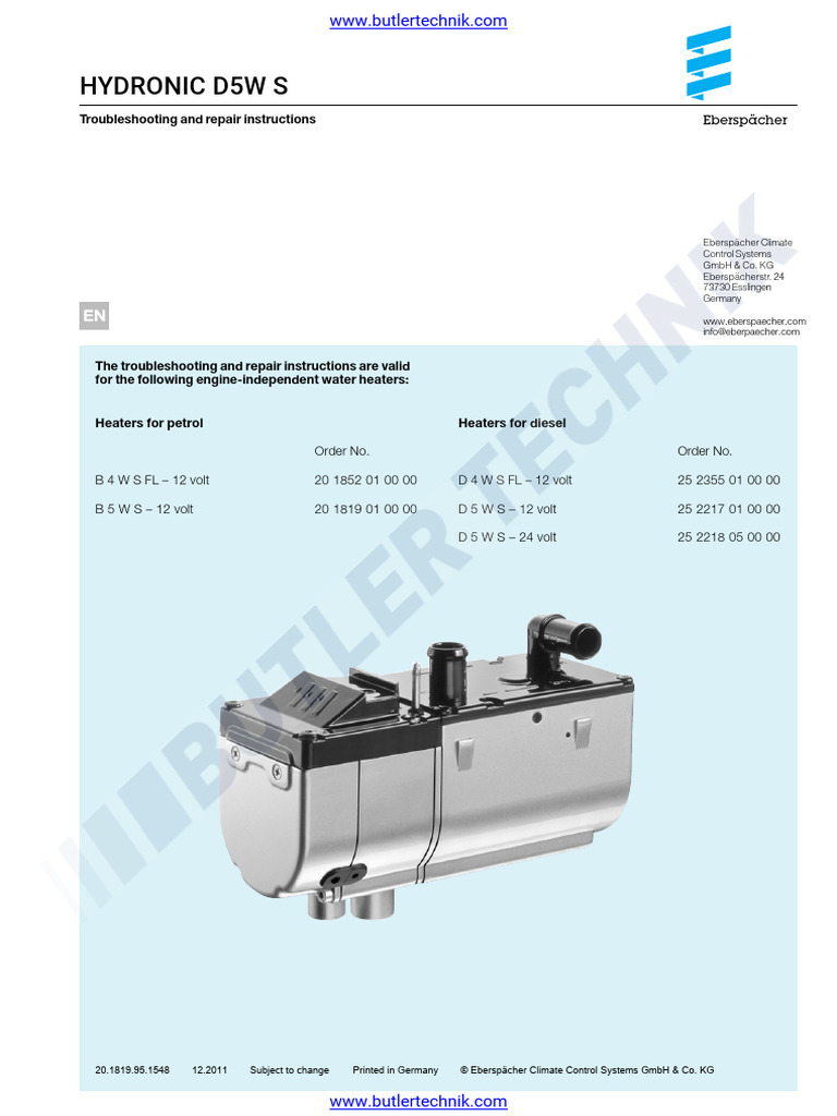 Eberspacher Espar Heater d5ws Workshop Repair Manual | PDF | Combustion | Vehicles