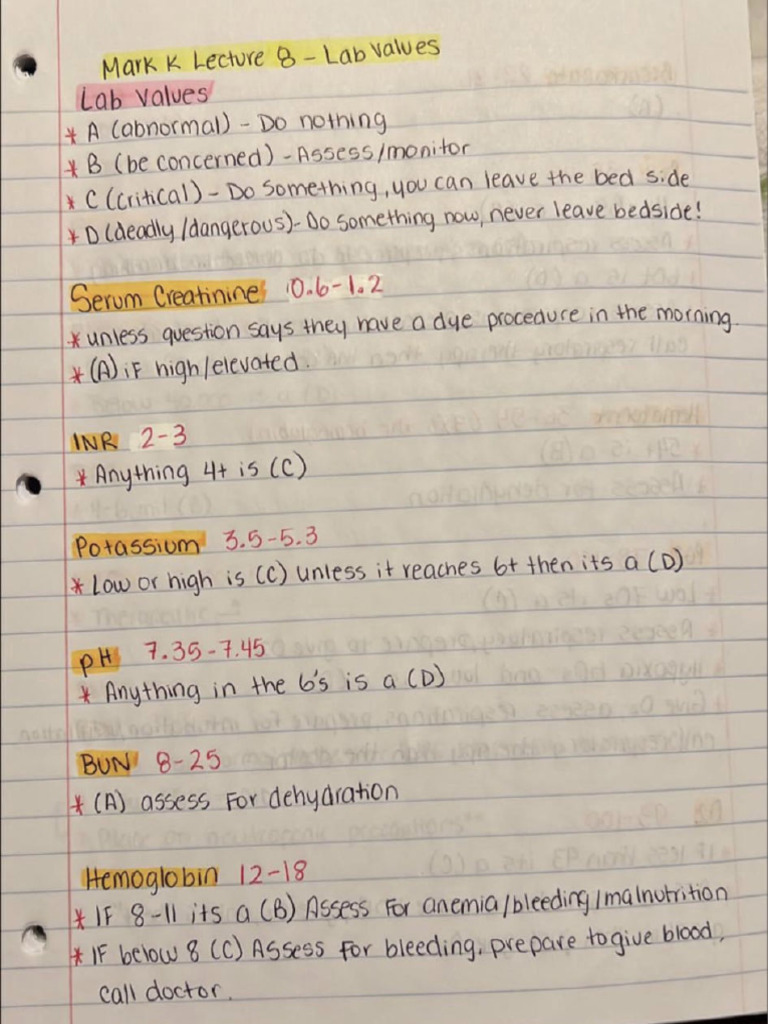 Lecture 8 Lab Values | PDF