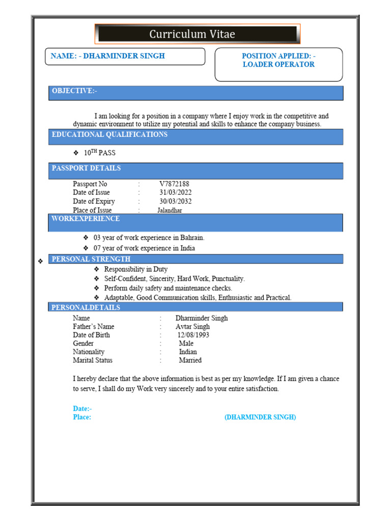 Loader Operator CV of Dharminder Singh | PDF