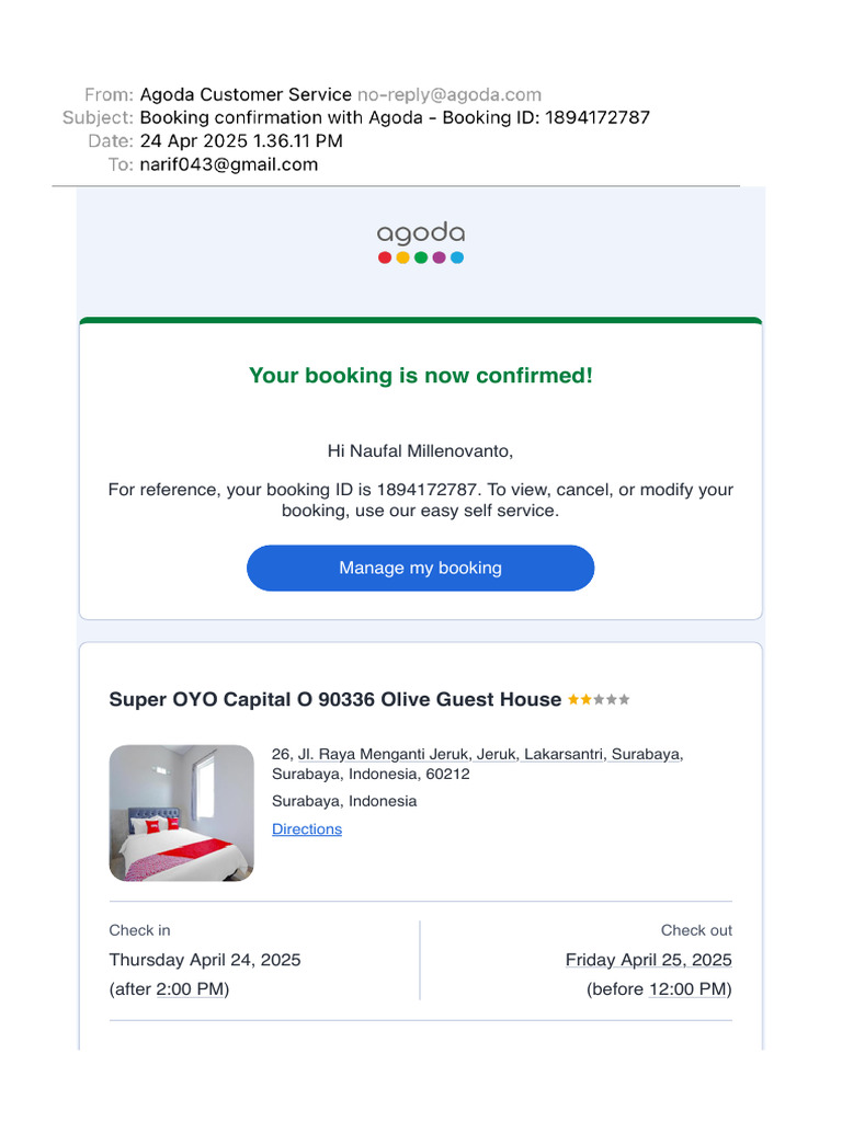 Booking Confirmation With Agoda - Booking ID 1894172787 | PDF | Fee