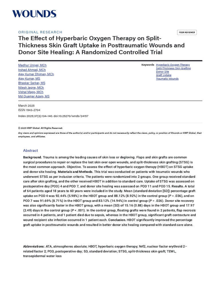 The Effect of Hyperbaric Oxygen Therapy On Split-Thickness Skin Graft ...