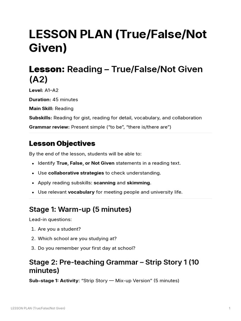 True/False Reading Lesson Plan | PDF | Lesson Plan | Human Communication
