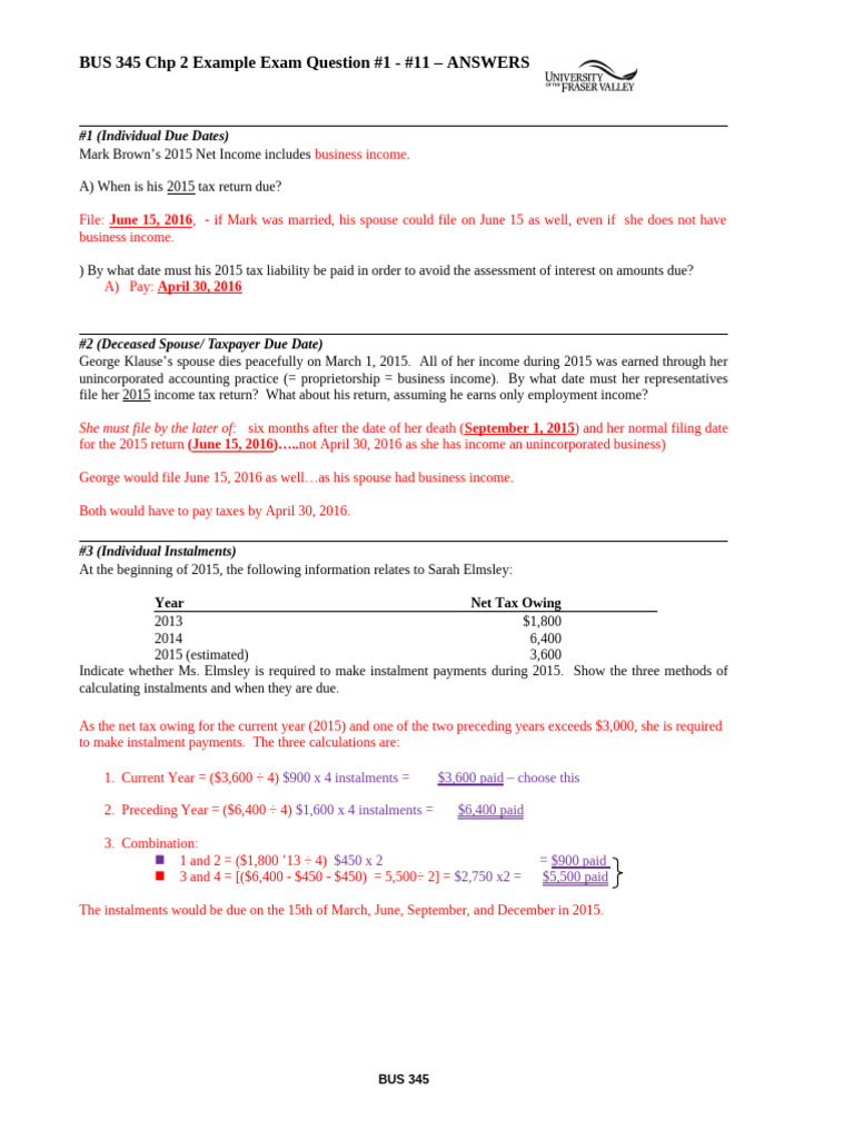 BUS 345 CHP 2 Example Exam Questions #1 - #11 - ANSWERS | PDF | Taxes ...