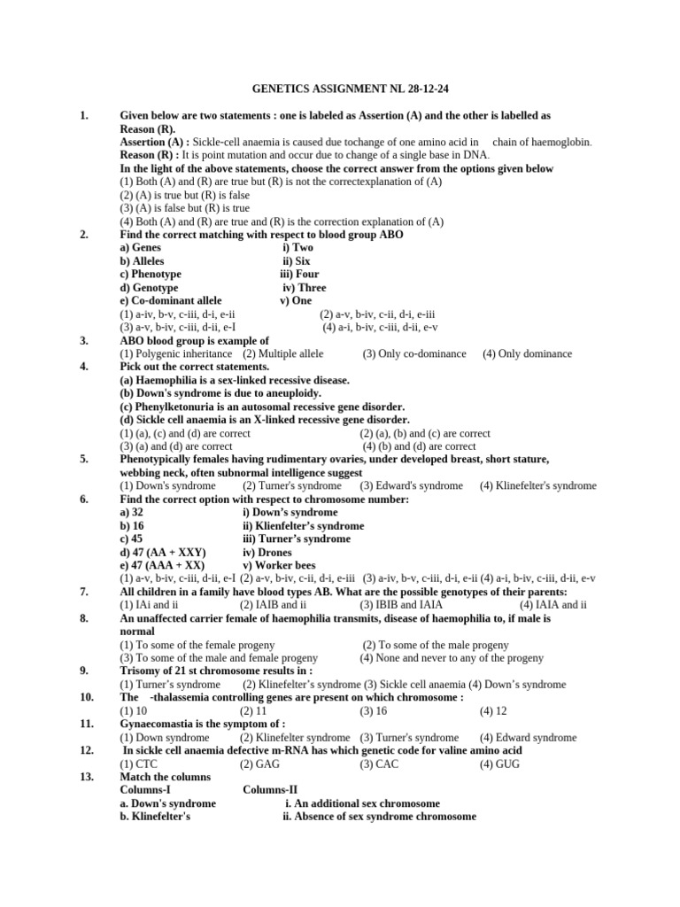 Genetics Assignment NL 28-12-24 | PDF | Human Genome | Dominance (Genetics)