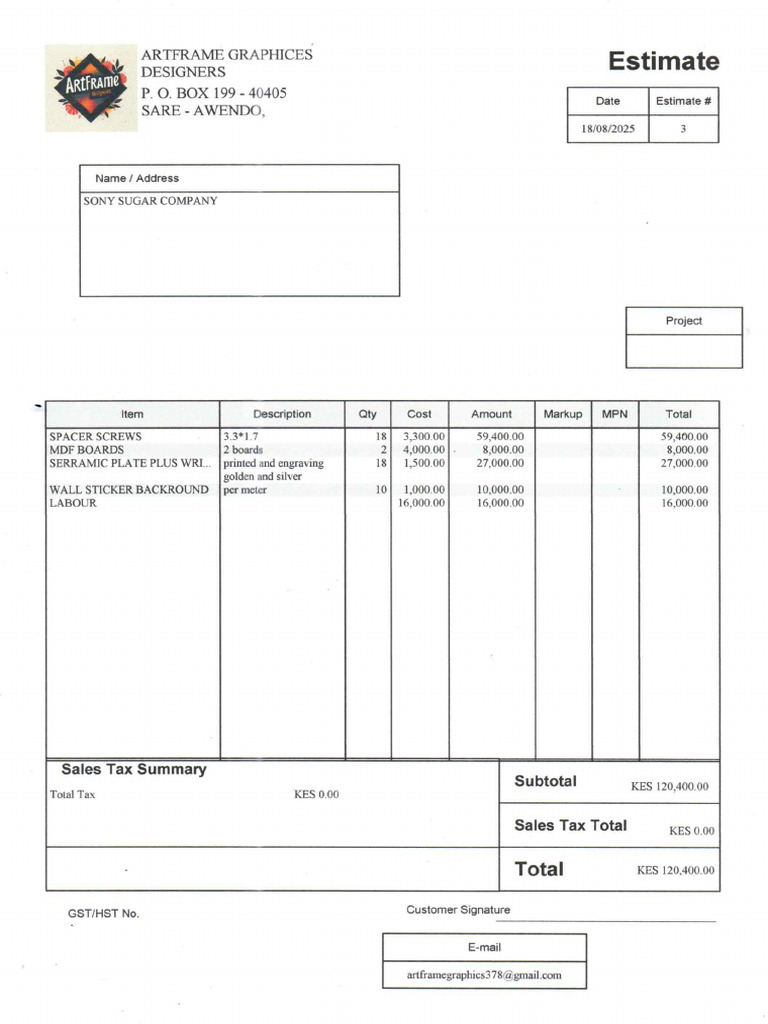 Quotation and Estimation For The Redesign of The Names Board | PDF