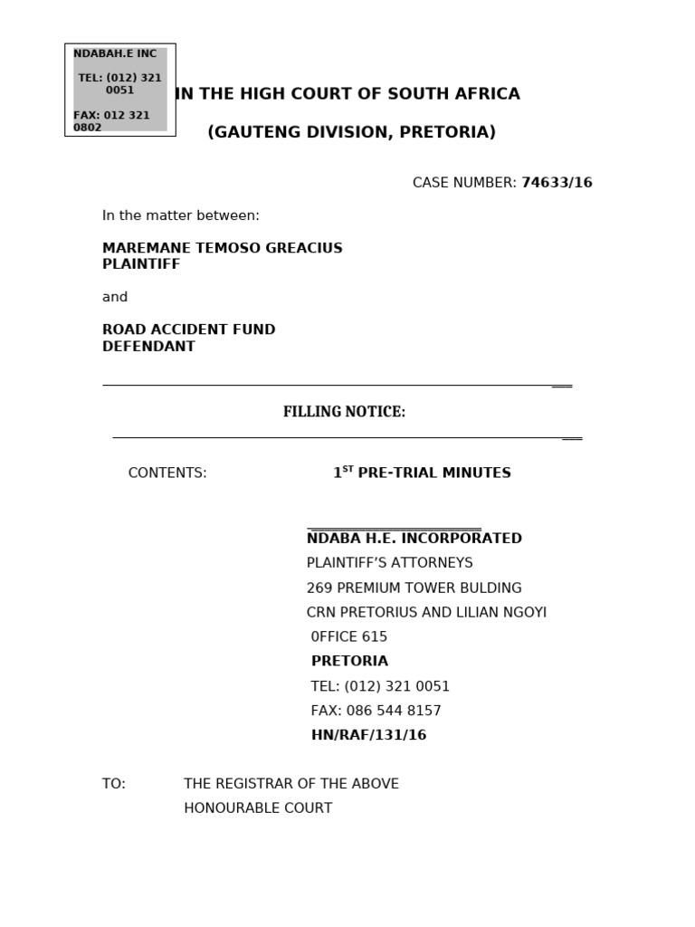 High Court Case Filing Notice: RAF vs. Greacius | PDF