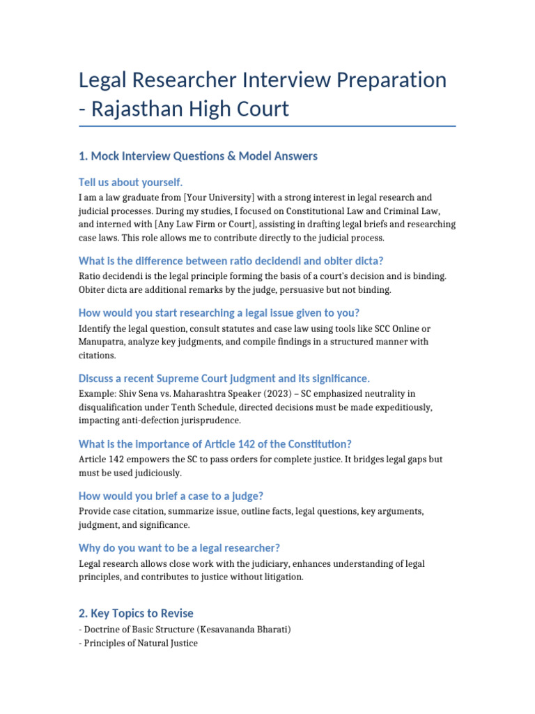Rajasthan High Court Researcher Interview Guide | PDF | Judgment (Law ...