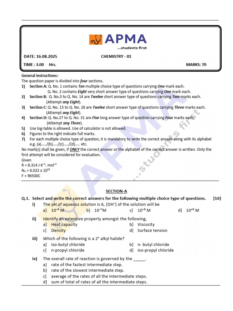 APMA Chemistry Exam Paper 2025 | PDF | Chemistry | Chemical Elements