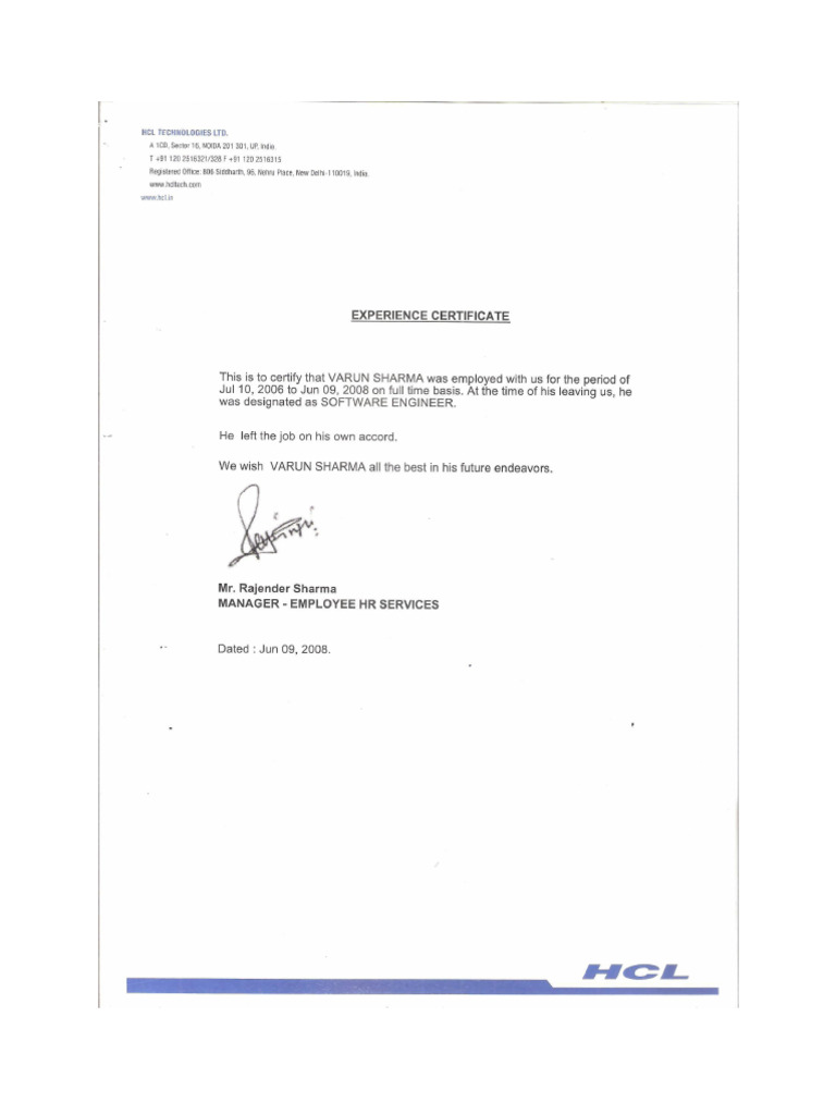 HCL Technologies WorkExperience Certificate 2008 | PDF