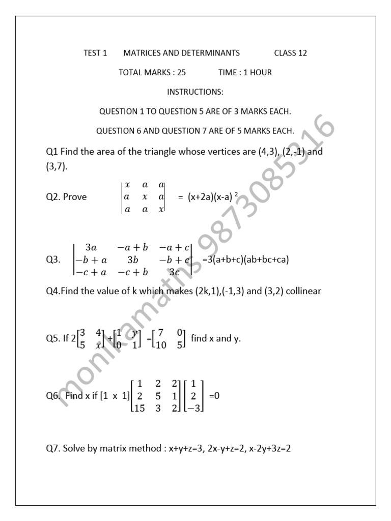 Test 1 Matrices and Determinanats 1 | PDF