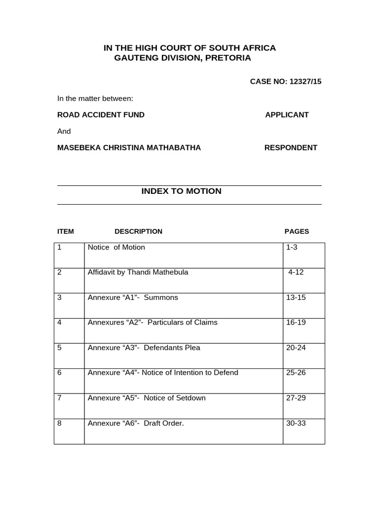 Road Accident Fund vs. Mathabatha Case Index | PDF