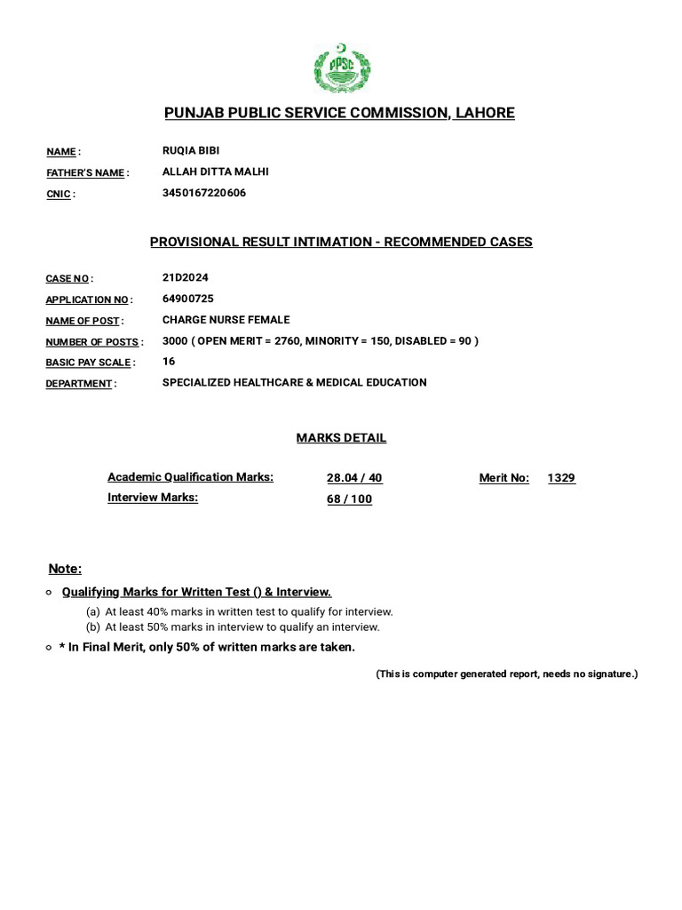 Detail Marks Sheet of RUQIA BIBI | PDF
