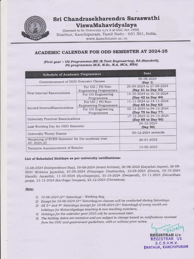 Academic Calendar For Odd Semester Ay 2024 25 | PDF