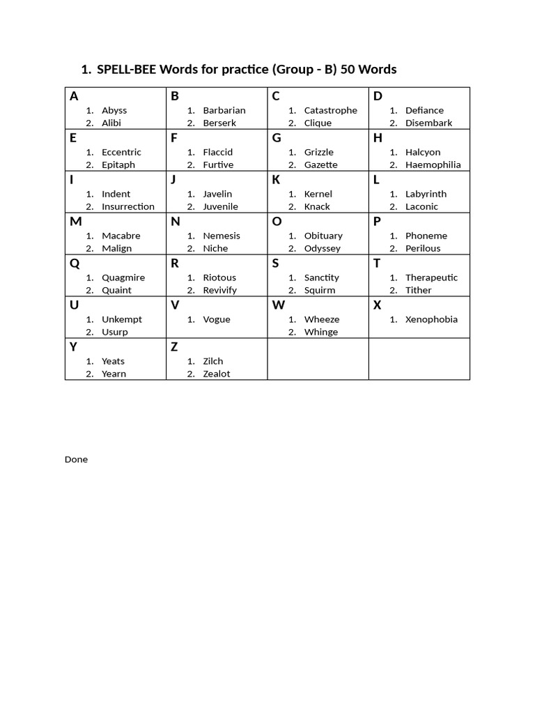 Spell Bee Words 9-12 | PDF