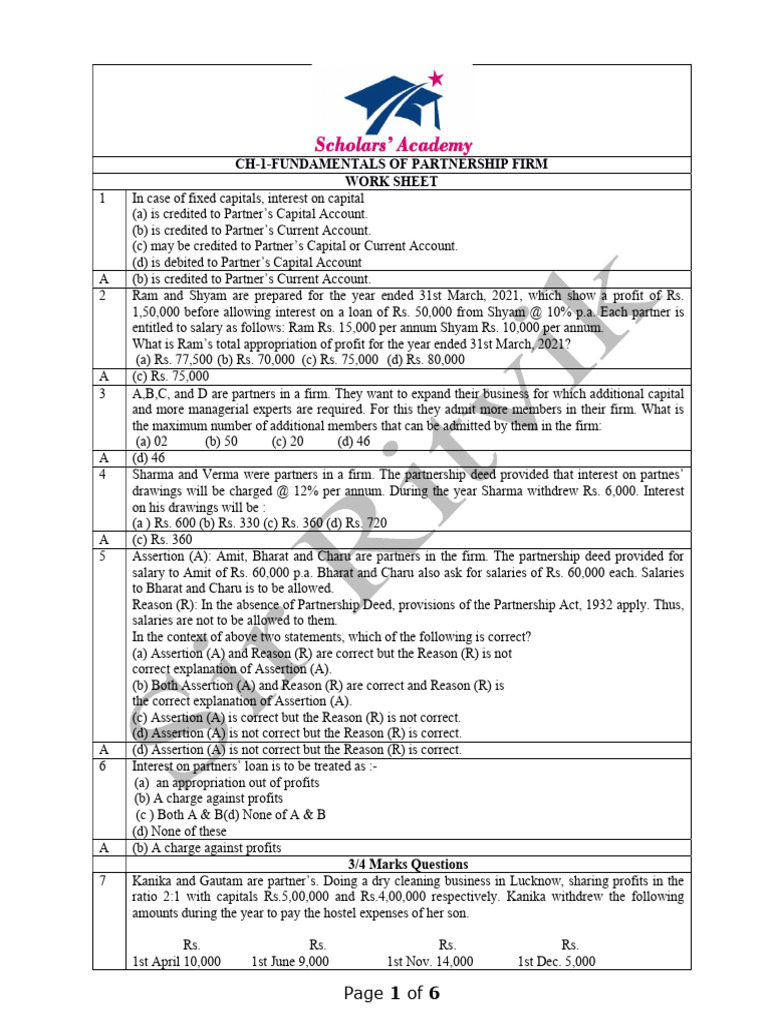 Fundamentals of Partnership (Worksheet) (Answer Key) | PDF | Financial ...