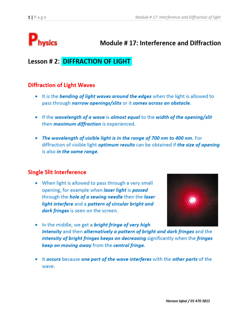 Diffraction and Interference of Light | PDF | Diffraction | Wavelength