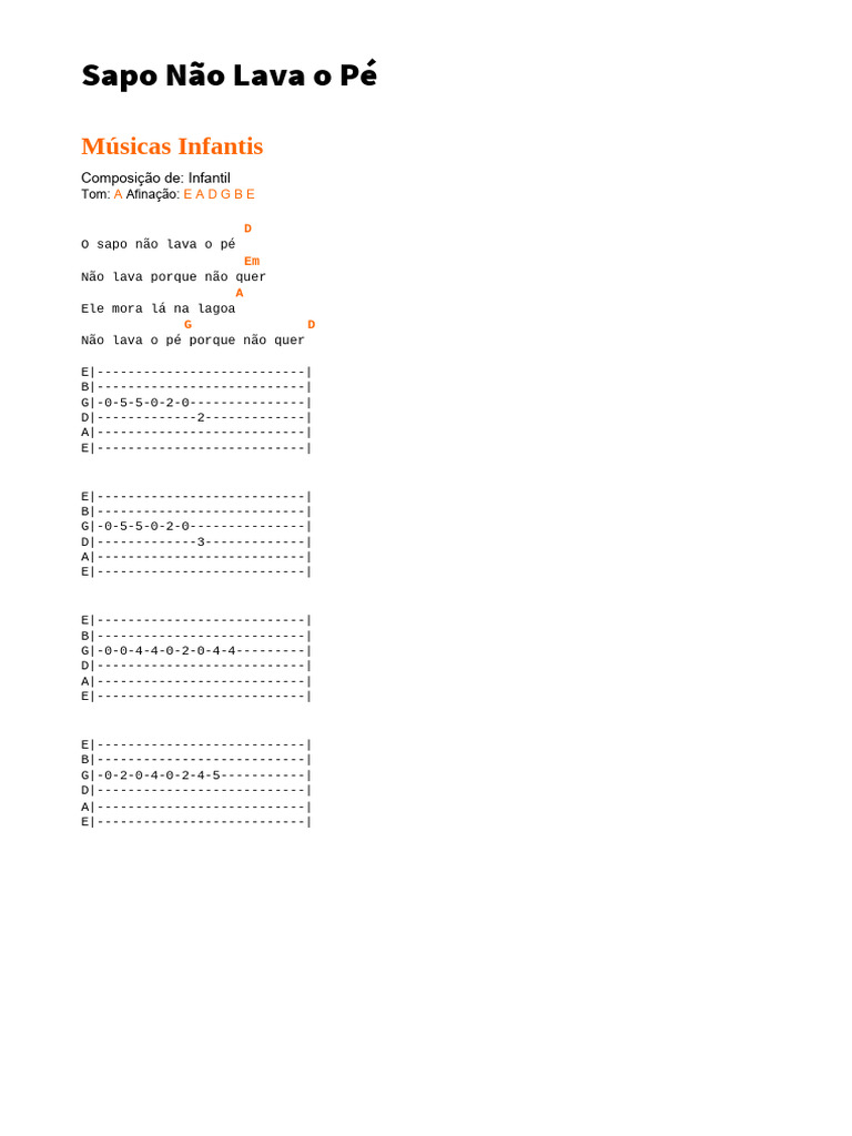 Cifra Club - Músicas Infantis - O Sapo Não Lava o Pé | PDF