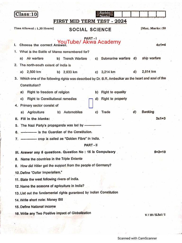 10th Social Science 1st Mid Term Test 2024 Original Question Paper ...