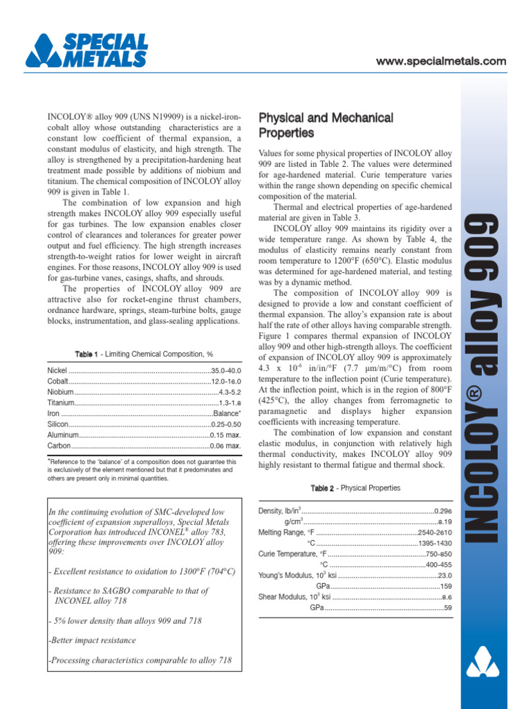 INCOLOY Alloy 909 Overview and Properties | PDF | Strength Of Materials ...