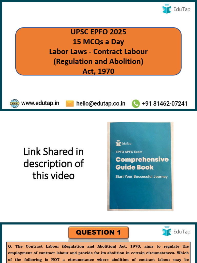 UPSC EPFO 2025: Contract Labour MCQs | PDF | Employment | Appeal