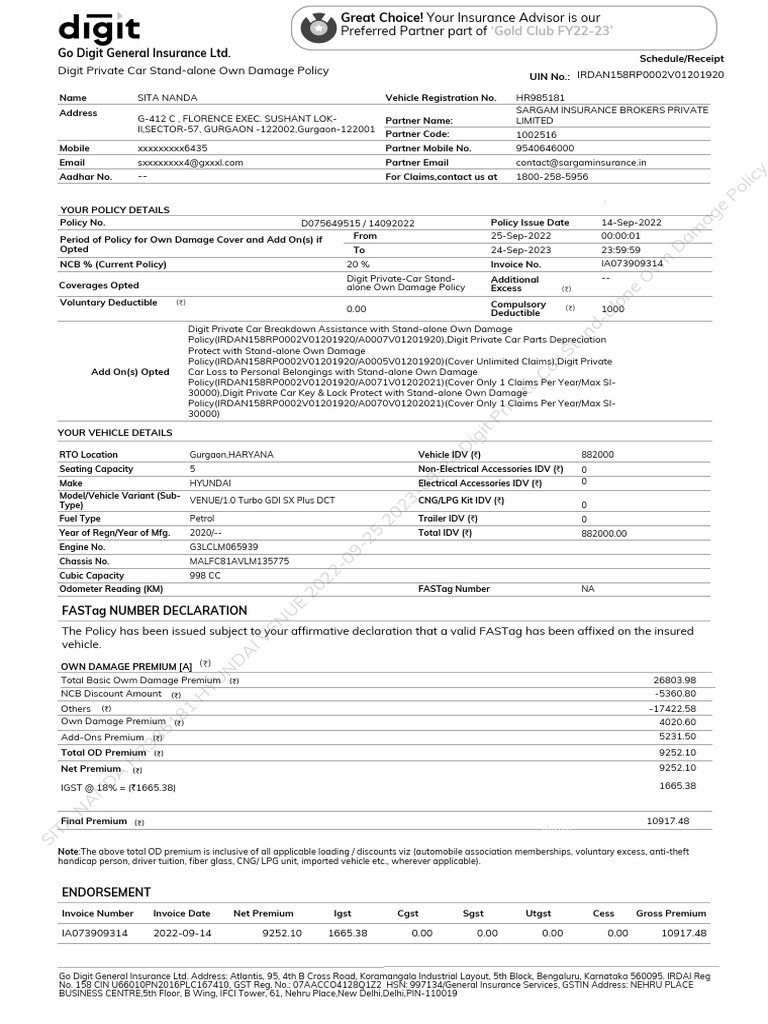 Digit Private Car Insurance Policy Details | PDF | Insurance ...