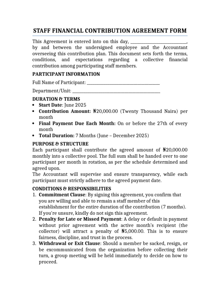 Staff Financial Contribution Agreement | PDF | Business Law | Private Law