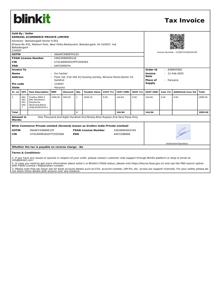Tax Invoice for OnePlus Earphones | PDF | Invoice | Taxes