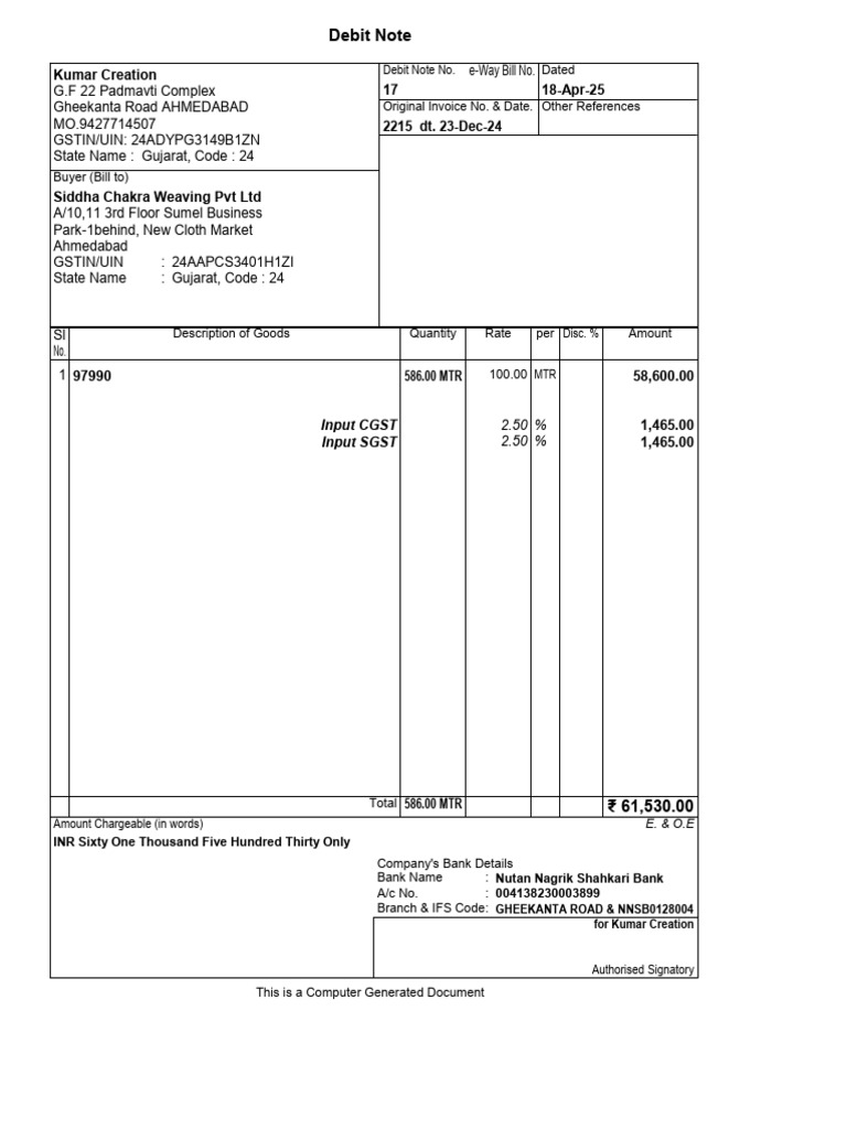 Debit Note: Kumar Creation 17 2215 Dt. 23-Dec-24 18-Apr-25 | PDF
